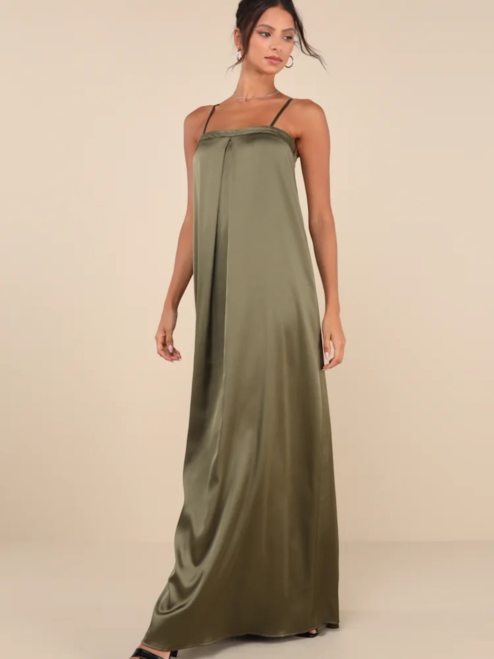 Lulus Modern Poise Olive Green Satin Pleated Sleeveless Maxi Dress Size XS NWT